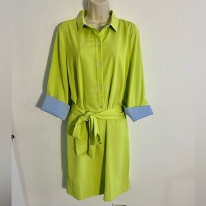 Gretchen Scott Shirt Dress Lime Green Sophisticate Silky Collared Tie Waist Sz L